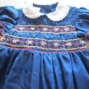 EUC! Vintage Polly Flinders Hand Smocked Dress Size 2 Navy Blue Peter Pan Collar